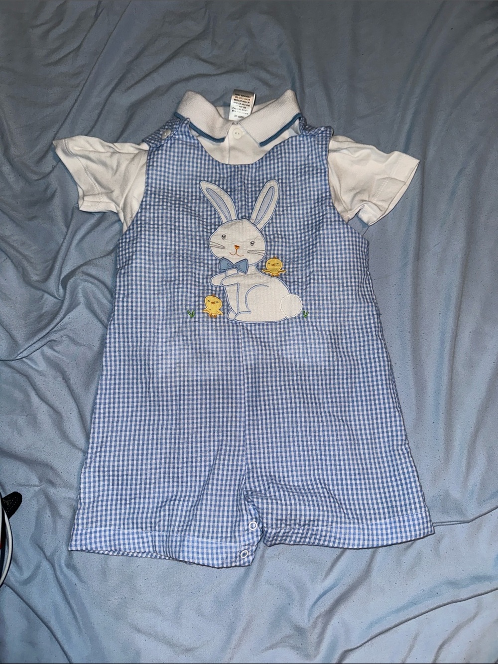 Petit Ami Blue and White Gingham Bunny Romper Set